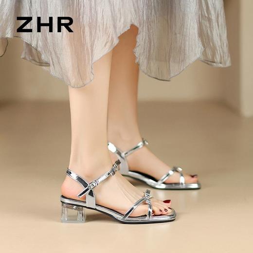 ZHR则则高级感银色蝴蝶结凉鞋法式一字带凉鞋款水晶粗跟凉鞋仙女 商品图6