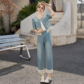 2025夏季新款蕾丝花边拼接牛仔外套休闲显瘦九分裤两件套装YF2568