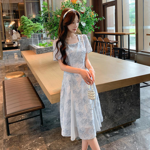 奢姿大码女装2025夏季气质方领设计连衣裙胖妹妹提花拼接时尚裙子9952822080 商品图1