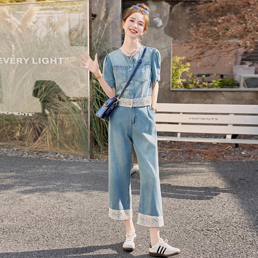 2025夏季新款蕾丝花边拼接牛仔外套休闲显瘦九分裤两件套装YF2568 商品图2