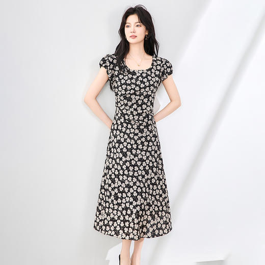 「高货wl」全新升级【铂金会员321/天猫429/差价108】(01411)洛诗琳气质减龄印花双绉连衣裙2025夏季方领修身显瘦裙子 商品图1