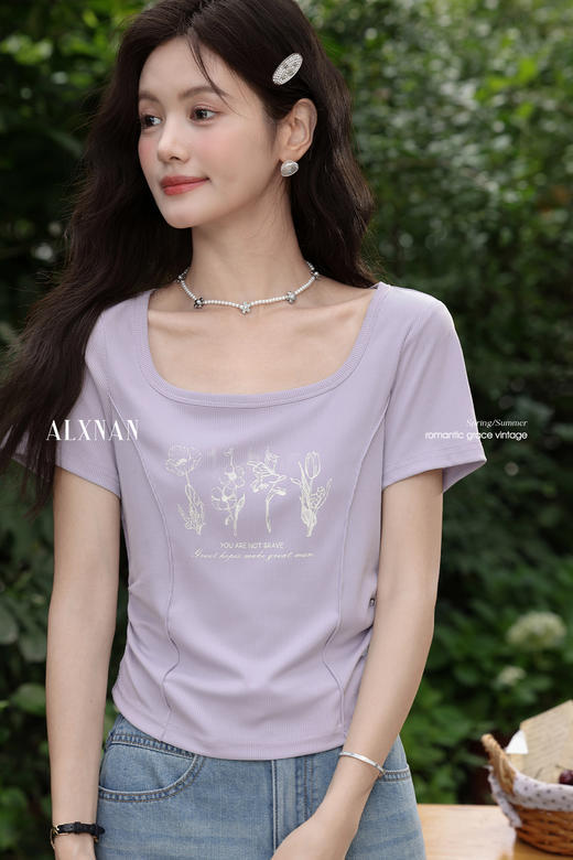 鹿向南「若影花现」气质方领紫色修身正肩短袖女t恤夏季独特上衣L56052 商品图4