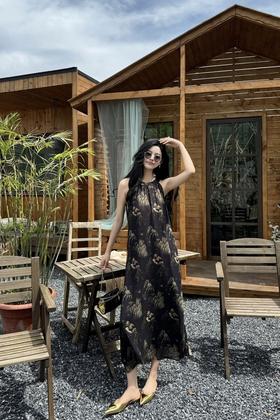 SUMMER & SAGE 山水印花长款挂脖露肩连衣裙 20512