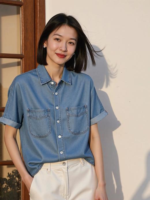 夏日港风100天丝软牛仔短袖衬衫 商品图4