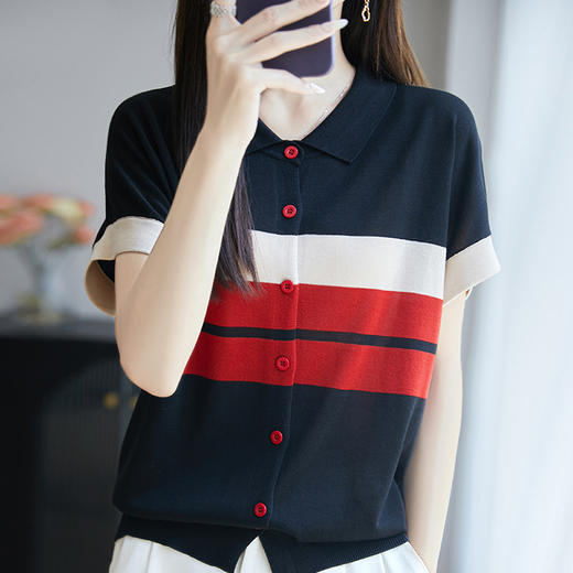 翻领条纹短袖t恤，洋气短款冰丝针织上衣CC-JY-NSY009 商品图2