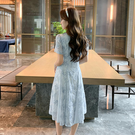 奢姿大码女装2025夏季气质方领设计连衣裙胖妹妹提花拼接时尚裙子9952822080 商品图3