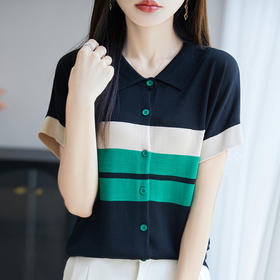 翻领条纹短袖t恤，洋气短款冰丝针织上衣CC-JY-NSY009