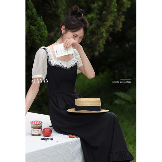 【65折秒杀】鹿向南「奥法庄园」法式方领木耳边短袖连衣裙女夏小个子黑色长裙L56082 商品图1