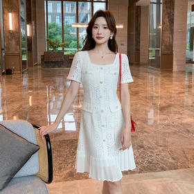 奢姿大码女装2025夏季气质方领镂空连衣裙胖妹妹小香风百褶仔裙子9952869755