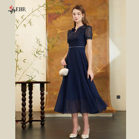 司歌收腰刺绣蕾丝拼雪纺长裙连衣裙A911153X