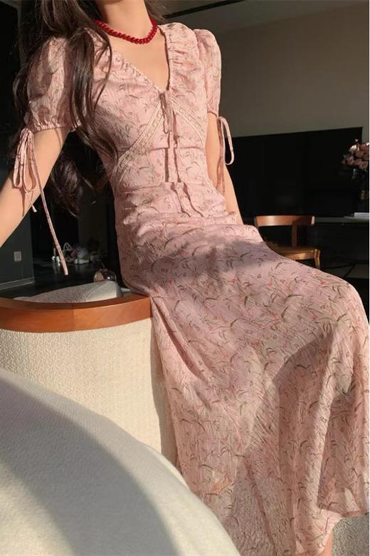 ANSUABEL 韩系粉色V领印花连衣裙 20504 商品图0