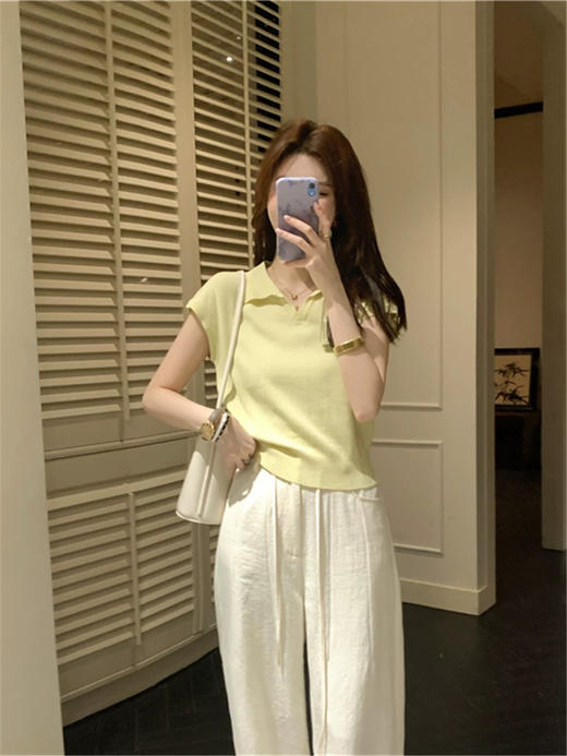 ✨【韩国东大门爆款】夏日炸街神器！  🇮🇹〖老钱风翻领针织衫+奶油白显瘦阔腿裤〗 商品图3