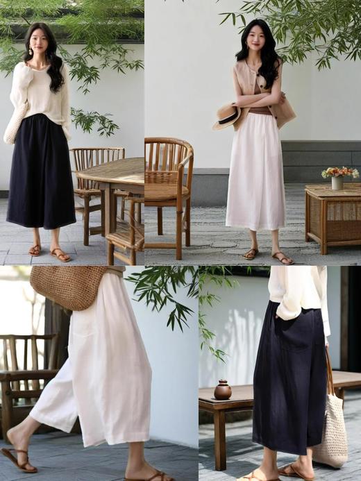 ✨【亚麻天丝凉感阔腿九分裙裤】，甄选汉麻斜纹布料，手感蓬松韧劲有质感，看着是裙子，其实是裤子，安全感爆棚， 巨显瘦！ 商品图1