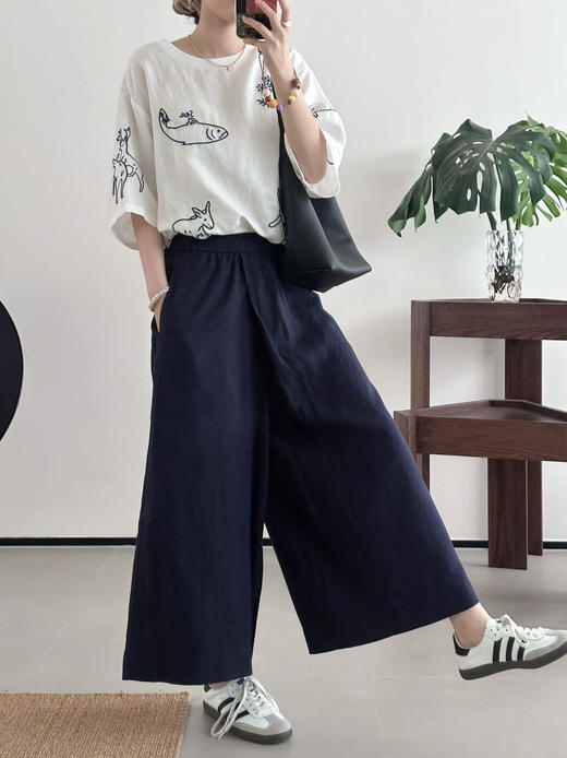 ✨【亚麻天丝凉感阔腿九分裙裤】，甄选汉麻斜纹布料，手感蓬松韧劲有质感，看着是裙子，其实是裤子，安全感爆棚， 巨显瘦！ 商品图14