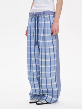 local tag/It25ssk07/前后格纹拼接阔腿裤