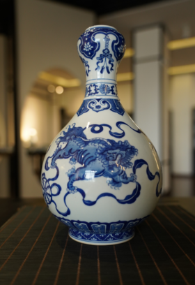 青花事事如意蒜头瓶