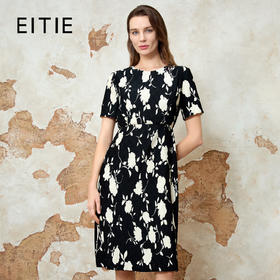EITIE爱特爱高级气质圆领高腰a字黑白印花连衣裙春新款8107814