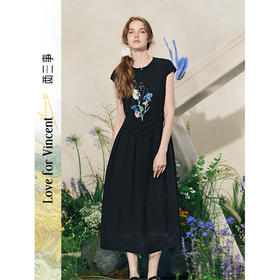 两三事梵高文艺浅草梦璃2025夏新款小清新印花侧边绑带a字连衣裙