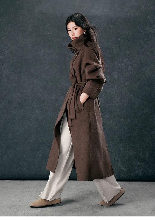 【YW】无忧购立领收腰系带毛呢外套长款绵羊毛双面呢8801水晶扣（截单后3-5天发货） 商品图5