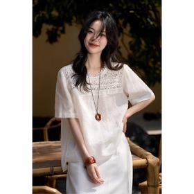 【夏日白月光！这件蕾丝衬衣把清冷感焊在身上】法式复古圆领蕾丝拼接短袖小众设计感上衣