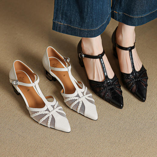 【预售5天】法式真皮编织网纱包头凉鞋，T扣绑带粗中跟鞋HCYYHD&6173 商品图4