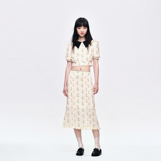 HERLIAN 2025年夏季新品女士复古V领泡泡袖拼色碎花上衣 商品图2