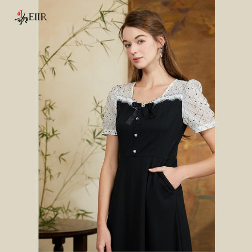 司歌翻领短袖拼接网纱刺绣显瘦连衣裙A911032X 商品图1