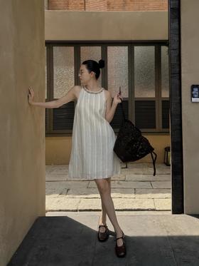 THESOONG"异域美学"精选纯亚麻自然肌理立裁串珠腰带连衣裙HLQZ6727