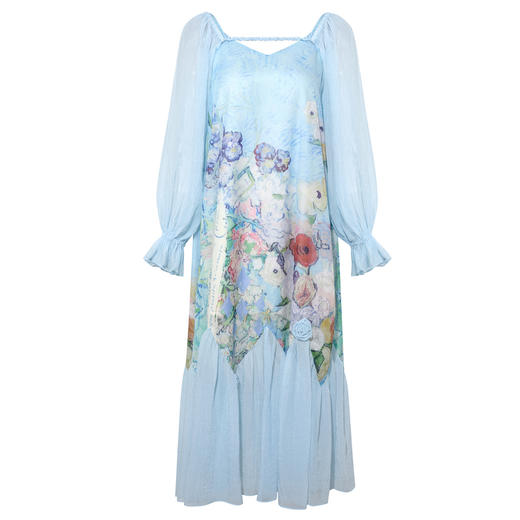 两三事梵高文艺晴川花隐2025夏新款仙女风印花吊带露肩两穿连衣裙 商品图4