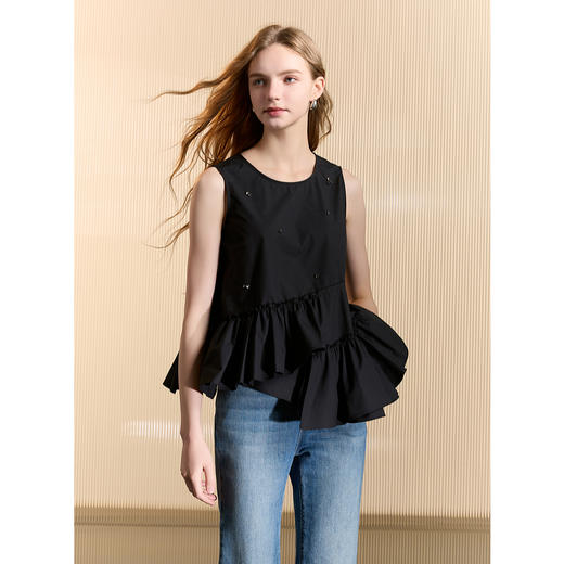 三彩2025夏季新款圆领无袖套头衫上衣设计感不规则宽松小衫M 商品图1