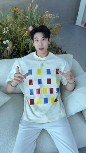 T3849夏季高级感新款男士美式亮片撞色格子短袖T恤时尚痞帅圆领上衣