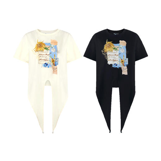 两三事梵高文艺灵感诗笺2025夏季新款印花刺绣绑带短袖t恤女宽松 商品图4