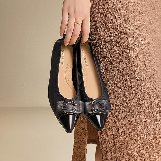 千百度蝴蝶结牛皮平底浅口单鞋女通勤小香风晚晚鞋A25481348 商品图2