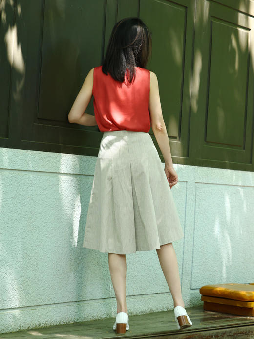 TYNVIE 粉条纹双排扣褶裥及膝半身裙 商品图10