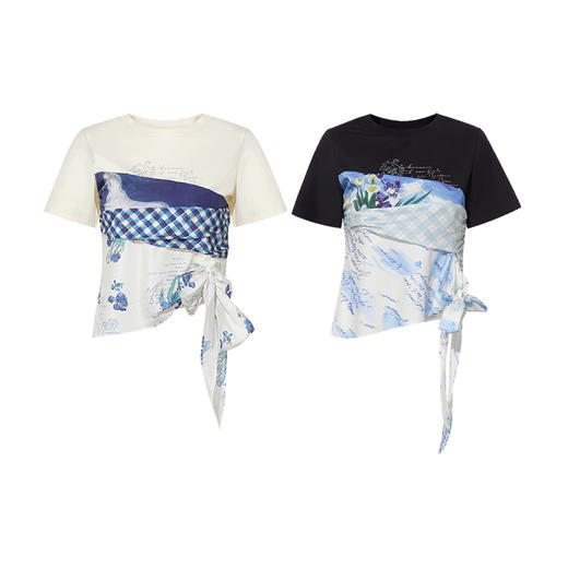 两三事梵高文艺 浮光清影 2025夏季新款印花布拼接绑带短袖t恤女 商品图4