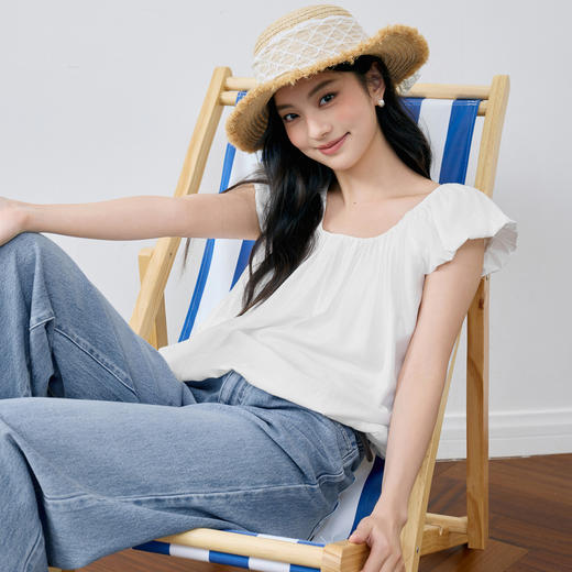 【严选】诗凡黎白色甜美飞飞袖短上衣2025夏设计感抽褶花苞型宽松短袖小衫7G5320261 商品图2