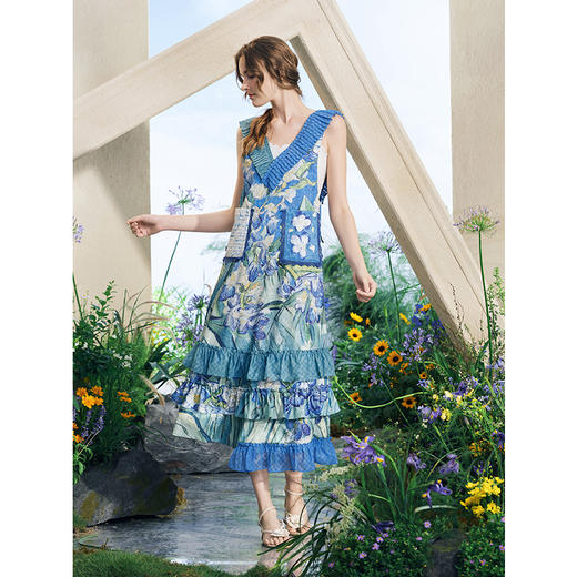 两三事梵高文艺花开若夏2025夏季新款压褶荷叶边印花蛋糕裙连衣裙 商品图3