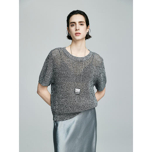 棉仓363635004初棉棉麻混纺镂空短袖针织上衣 商品图0