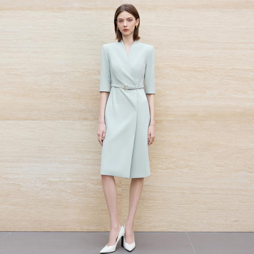 IWY/夏季蓝色连衣裙女高级感收腰职业装七分袖西装裙工作服Q1365 商品图0