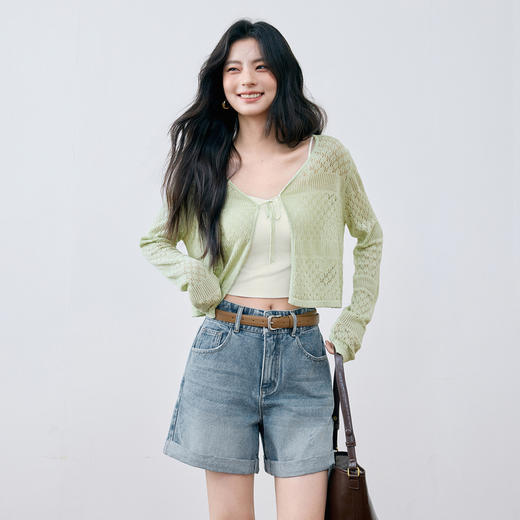 【严选】诗凡黎波西米亚风镂空针织开衫女2025夏新款V领系带轻薄修身外搭7G6431581 商品图4