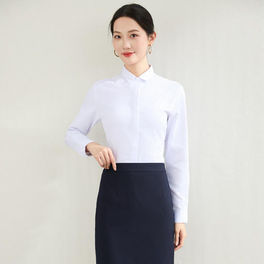 【弹力易打理】罗蒙春秋纯色暗门襟长袖衬衫女士正装商务通勤职业工装上班衬衣女上衣 商品图8