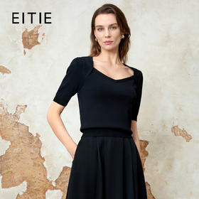 EITIE爱特爱鸡心领修身显瘦黑色短袖针织衫2025春季新款8101811