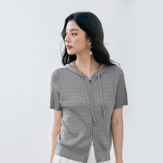 【严选】【爆款升级】诗凡黎双拉链绞花连帽针织开衫25夏新款百搭通勤上衣7G6331601 商品图0