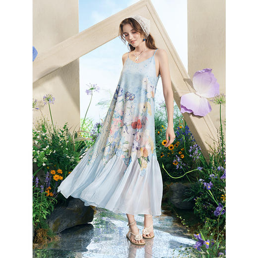 两三事梵高文艺晴川花隐2025夏新款仙女风印花吊带露肩两穿连衣裙 商品图3