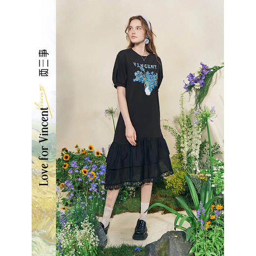 两三事梵高文艺牧鸢晚梦2025夏新款印花泡泡袖蕾丝裙摆拼接连衣裙 商品图0