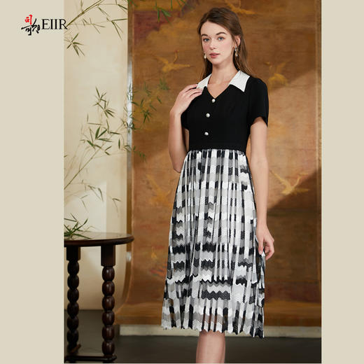 司歌弹力拼接蕾丝短袖翻领连衣裙黑白优雅A911140X 商品图4