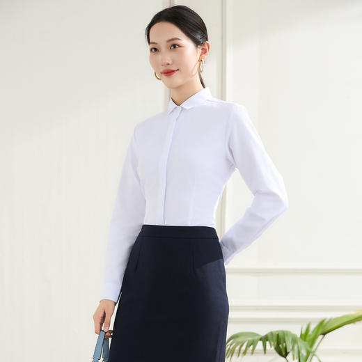 【弹力易打理】罗蒙春秋纯色暗门襟长袖衬衫女士正装商务通勤职业工装上班衬衣女上衣 商品图9