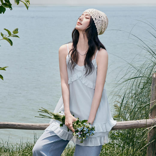【严选】诗凡黎甜美荷叶边吊带上衣2025夏新款肌理感花边韩系气质内搭叠穿7G6220281 商品图0