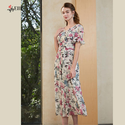 司歌雪纺v领收腰短袖连衣裙复古A911122X 商品图4