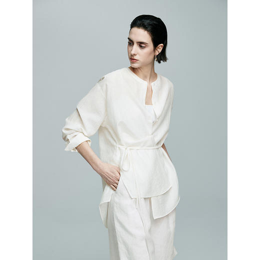 棉仓362604017初棉麻混纺系带圆领衬衫 商品图1